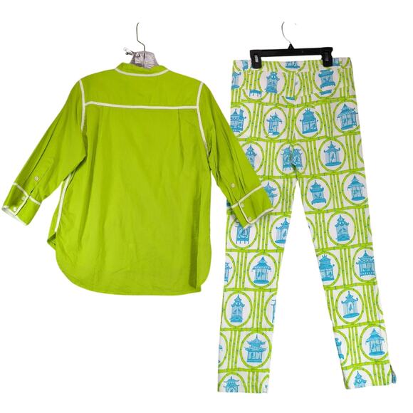 Gretchen Scott 2pc Outfit Women's M Green Button Top Asian Bird Ankle Pant 29x27 - Picture 2 of 10